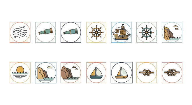 Nautical Icons Set: Sailing, Ships, Spyglass, Steering Wheel, Knots, Sunrise, Coastline