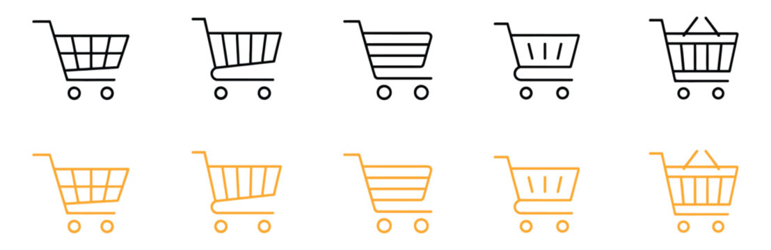 Shopping cart and e-commerce trolley icon set. Vector illustration of various supermarket basket designs in black outline and golden styles for online retail and checkout.
