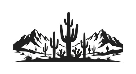 Desert landscape silhouette with saguaro cactus and mountain range vector illustration © Yasin24
