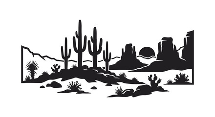 Desert landscape silhouette saguaro cacti mountains and southwestern vegetation graphic © Yasin24