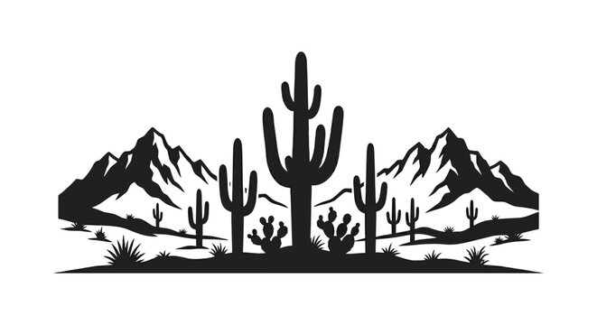 Desert landscape silhouette with saguaro cactus and mountain range vector illustration