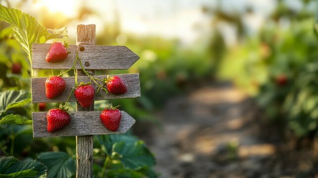 Ripe strawberries adorn a rustic wooden signpost in a sunlit strawberry field, indicating a path.