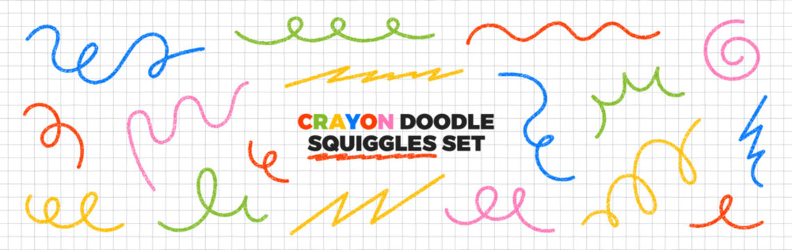 Hand drawn crayon doodle squiggles set. Color organic line collection. Thin strokes drawn with chalk or pencil. Curly and wavy elements. Wiggly squiggly. Vector illustration