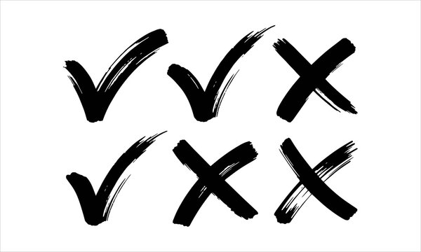 Check mark, tick and cross brush signs, green check mark OK and red X line art icons