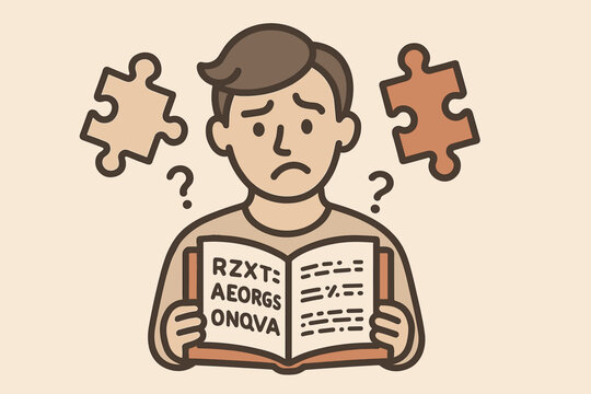 A figure with a perplexed expression holding an open book with scrambled