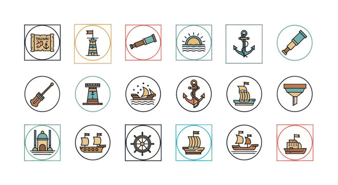 Nautical Icons Set: Ships, Anchor, Lighthouse, Map, Telescope, Compass