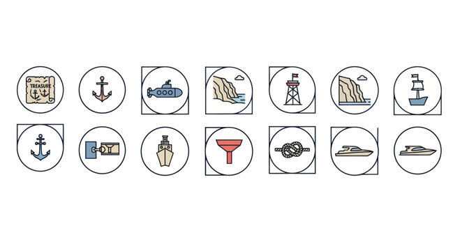 Nautical Icons Set: Ships, Anchor, Lighthouse, Submarine, Map, Funnel, Boat