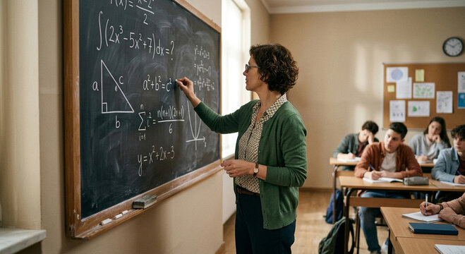 Female teacher explaining complex math formulas to students in a modern classroom