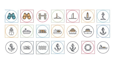 Fototapeta premium Nautical Icons Set: Ships, Anchors, Binoculars, Waves & More