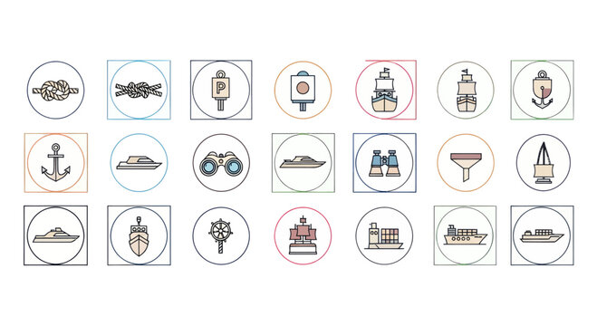 Nautical Icons Set: Ships, Anchors, Binoculars, Knots, Buoy, Compass, Yacht