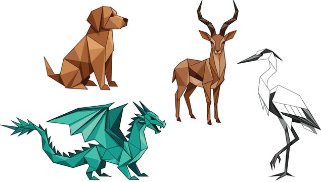 Low Poly Animal Illustration Set Featuring Dog, Deer, Dragon, and Heron Characters for Wildlife, Fantasy, Nature, and Design Projects