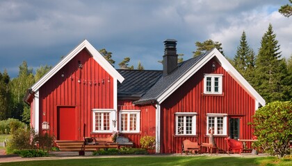 Fototapeta premium cozy swedish house style with wood and red color combination