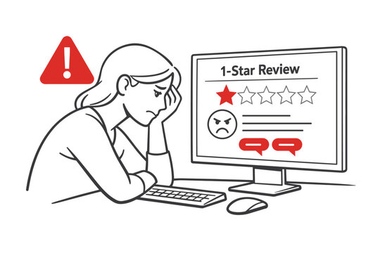 An upset shopper staring at a computer screen displaying a negative review