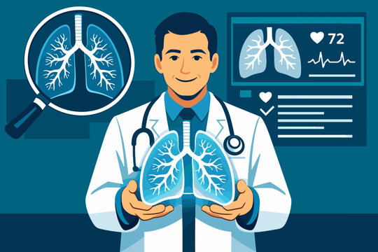 A pulmonologist holding a glowing transparent lung model in both hands,