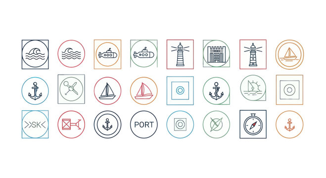 Nautical Icons Set: Ships, Anchors, Lighthouses, Compass, Waves, Port