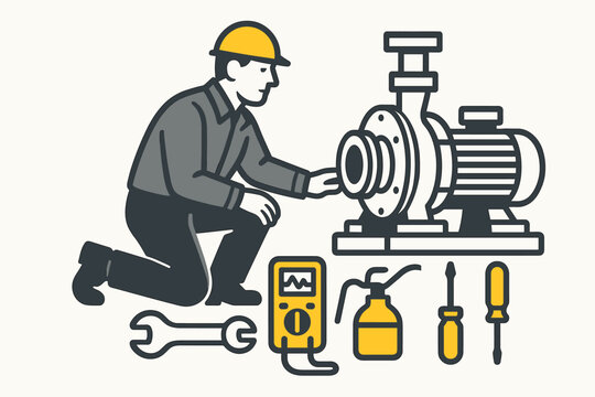 A maintenance technician in work clothes kneels beside an industrial pump
