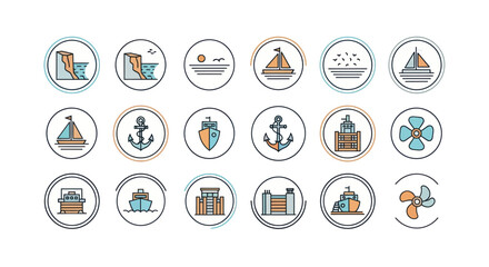 Nautical Icons Set: Ships, Anchors, Sails, Harbors, Scenery, and Marine Elements © Vleg