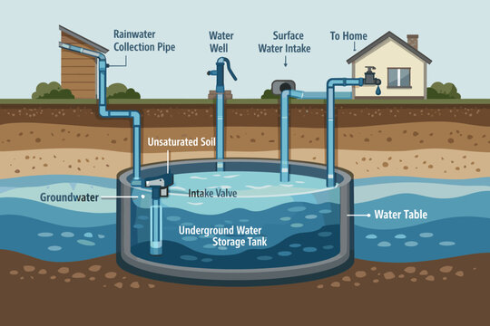 A cross-section diagram showing groundwater levels, an underground water