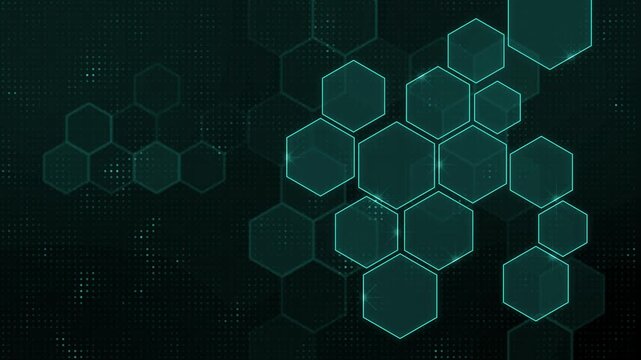 Abstract hexagonal grid on dark background with glowing outlines and digital dotted texture animation