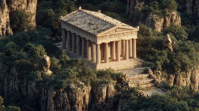 Lost civilization. Fantasy. A detailed aerial view of a classical temple perched atop a rugged cliff. The temple is intricately carved with columns, a pediment, and a tiled roof.