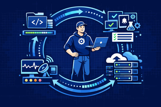 A DevOps engineer standing at the center of a circular workflow diagram