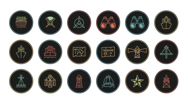 Nautical Icons Set: Ships, Lighthouse, Anchor, Binoculars, Map, Compass, Starfish