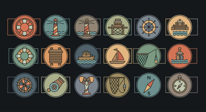 Nautical Icons Set: Ships, Lighthouse, Compass, Lifebuoy, Fishing Net, Helm