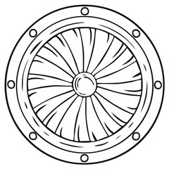 Fototapeta premium Vector line art of a round medieval shield with swirls and metal rivets surrounding the rim in circular pattern.