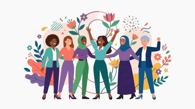Diverse group of women celebrating amidst a floral arrangement, showcasing unity and empowerment. They are embracing each other in solidarity