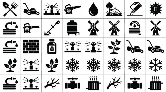 Winter Utility Restriction Icon Set with Snow Removal, Heating, Water Supply, Road Maintenance, and Emergency Service Symbols for Infographics