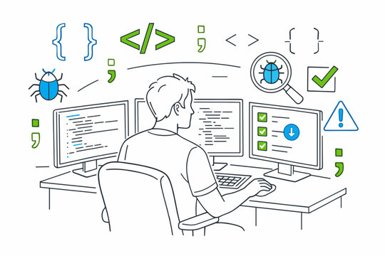 Software developer working at desk with multiple monitors displaying code,