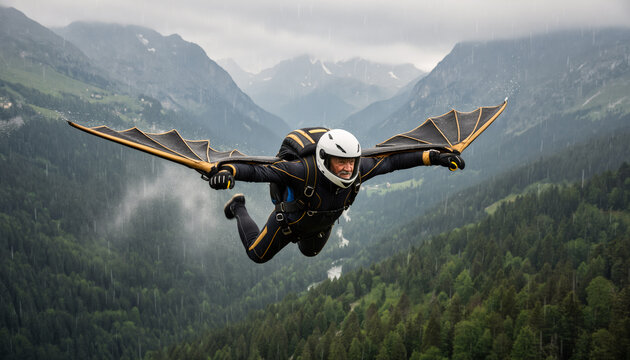 Adventurous pilot wearing a futuristic mechanical wingsuit with large wings gliding over a scenic mountain valley covered in mist and clouds symbolizing innovation and extreme human flight