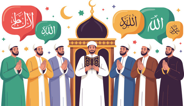 Colorful Eid al Adha Muslim vector illustration with praying Islamic people and Quran isolated background