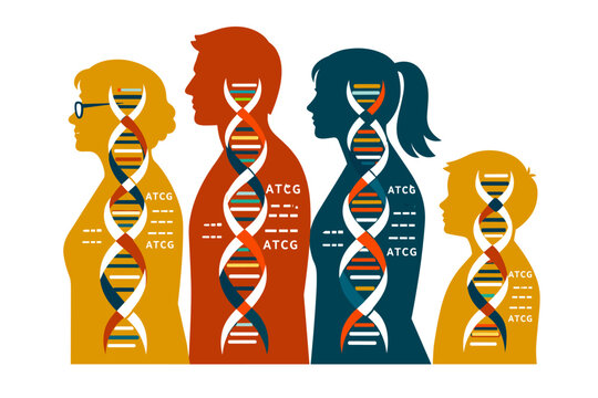 A diverse family of four generations stands in profile view, with each