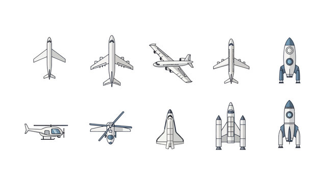 Set of Aircraft and Spacecraft Icons: Planes, Helicopter, Shuttle, Rockets