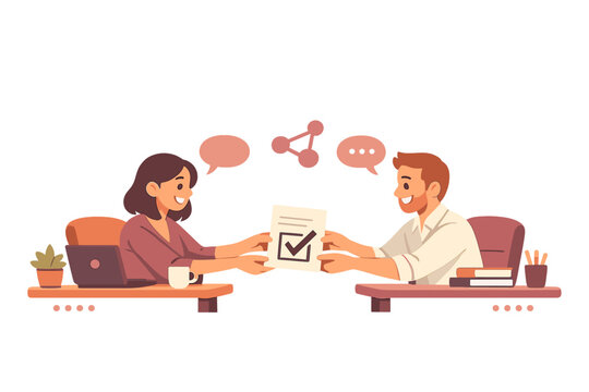 Two colleagues sitting at adjacent desks leaning toward each other with