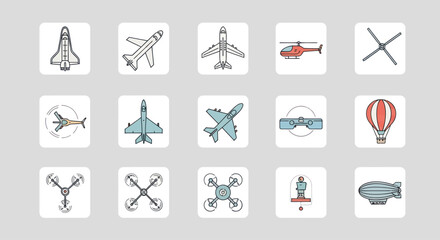 Set of aviation icons: airplane, helicopter, drone, rocket, zeppelin, hot air balloon © sinaga