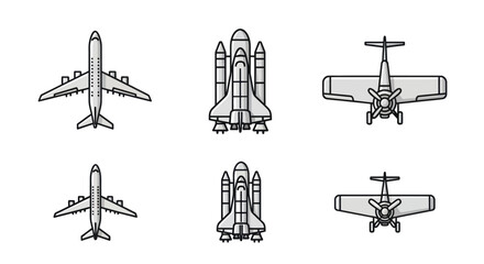 Set of Aviation Icons: Airplane, Space Shuttle, Biplane - Top and Front Views © sinaga