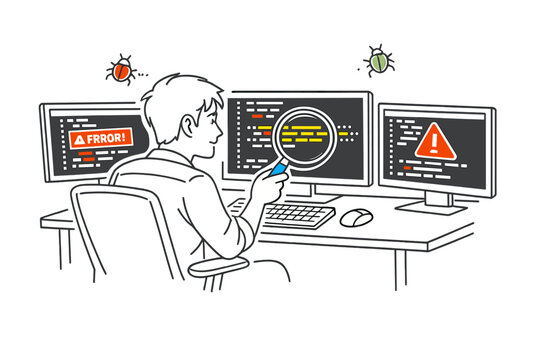 Software developer debugging code concept: a focused programmer seated at a
