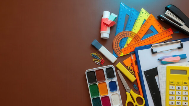 Assorted colorful school and office supplies including a clipboard, calculator, watercolor paint set, protractor, rulers, and scissors on a