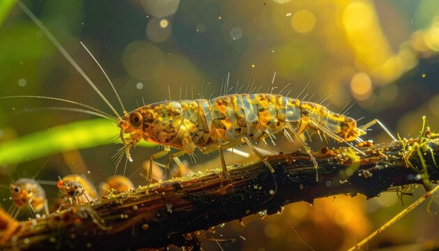 Detailed microscopic view of a vibrant aquatic rotifer attached to a branch underwater