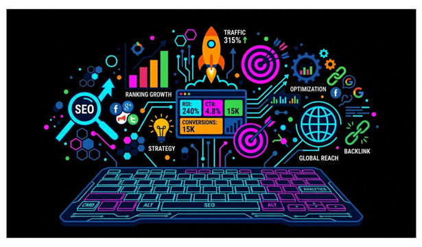 Futuristic SEO analytics marketing vector background