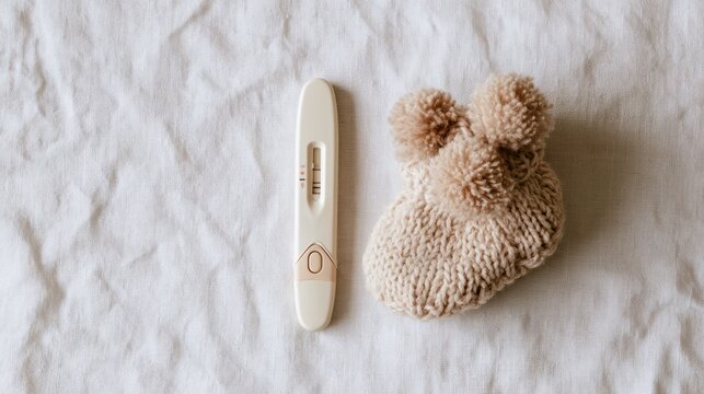 A pregnancy test lies next to a small baby bootie on white linen. This captures a moment for expecting parents in a warm setting.