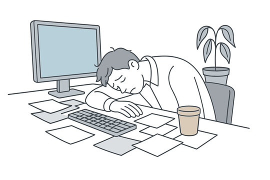 Exhausted office worker slumped at desk covered in scattered papers, coffee