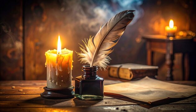 Antique feather quill poised in an inkwell beside a burning candle and an old book