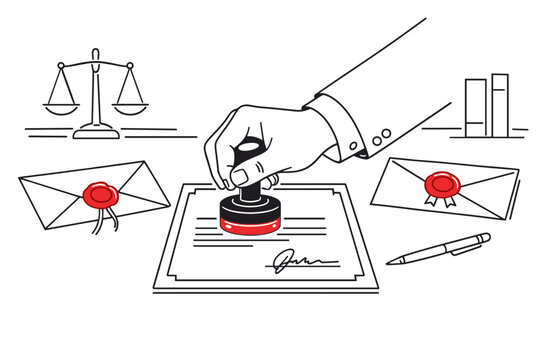 An attorney or notary public stamping a legal agreement on an official desk