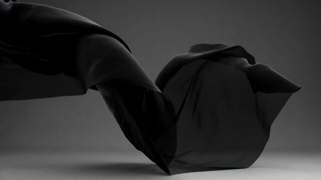 Black flowing fabric forming abstract shapes in smooth artistic style on grey backdrop, symbolizing elegance and motion