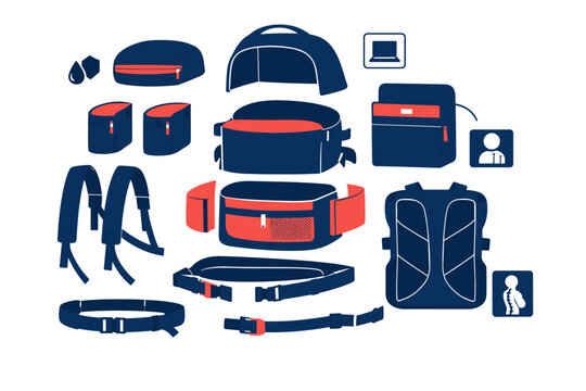 An exploded-view technical illustration of a modern backpack with each