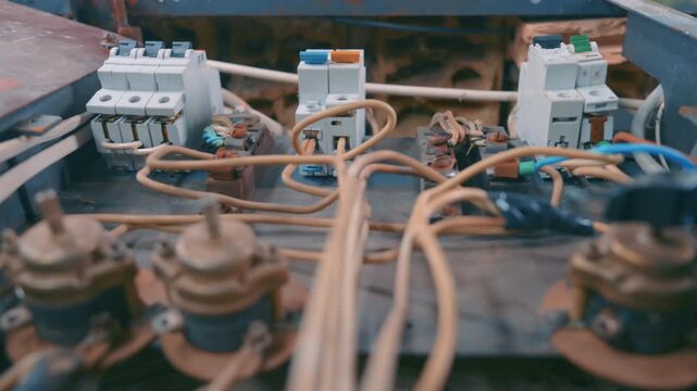 New Circuit Breakers Installed in Old Rusty Electrical Panel | Modern Fuse Box Renovation with Wiring and Switches | Home Electrical Upgrade and Safety Concept Close-Up