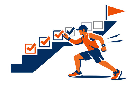 An athlete in workout gear checking off training milestones on a visual